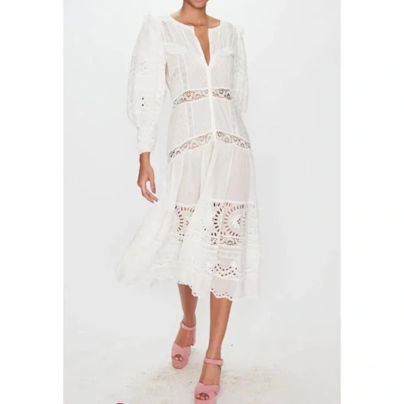 LoveShackFancy Womens Titania Midi Dress Sz 0 White Eyelet Embroidered Romantic - Picture 1 of 11